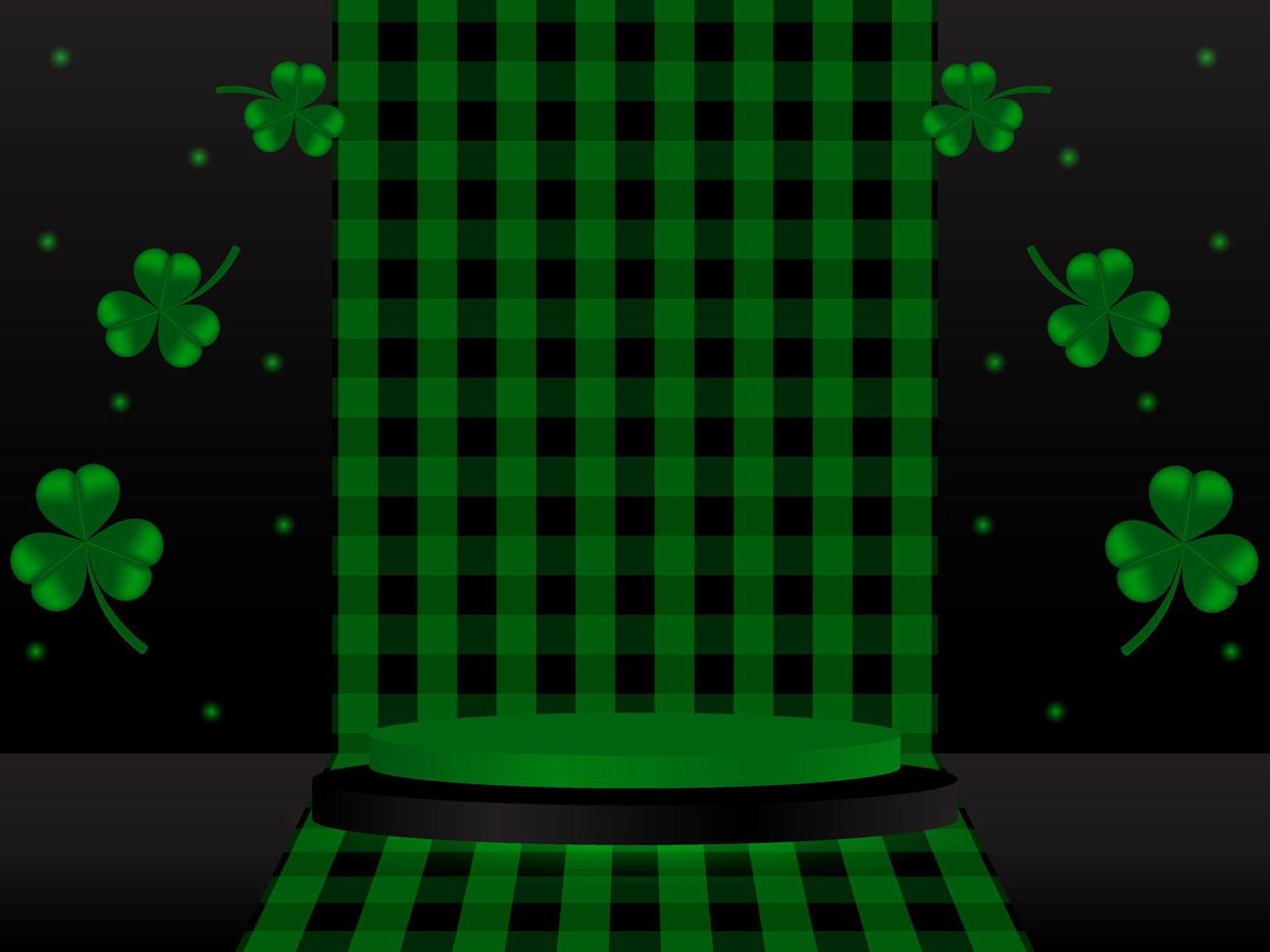 realista Preto e verde 3d cilindro pedestal pódio em xadrez fundo com trevo folha por aí isto. mínimo etapa para produtos demonstração, publicidade exibição vetor