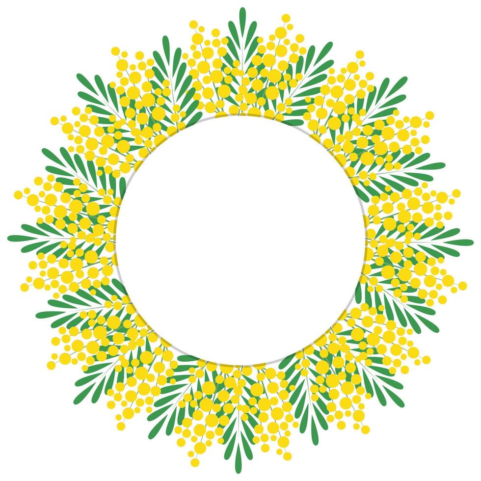 decorativo floral circular quadro. quadro, Armação fez do galhos do uma florescendo mimosa. modelo para cartão postal, convite, cumprimento cartão. vetor ilustração