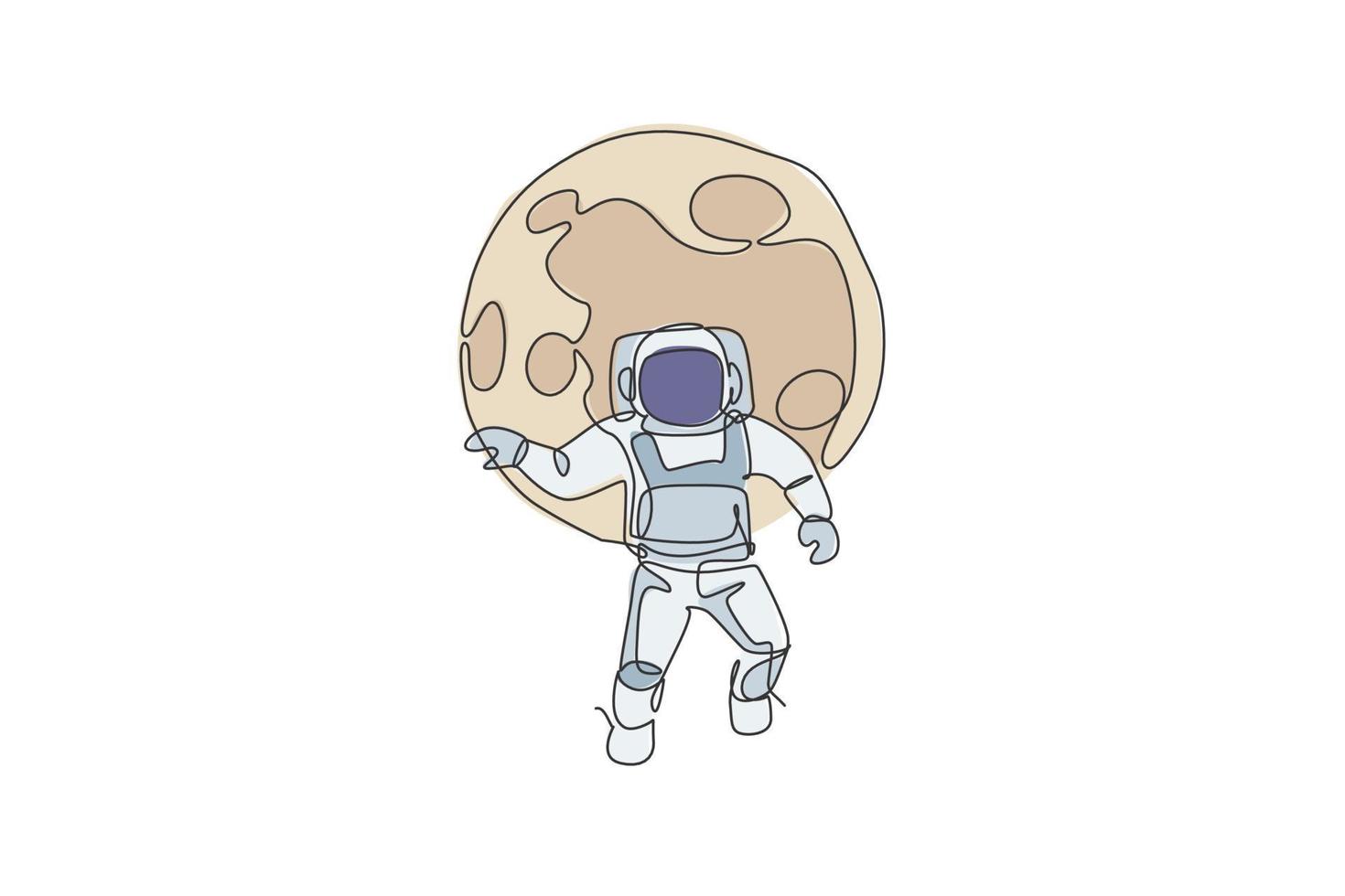 um desenho de linha única do astronauta do homem do espaço explorando a galáxia cósmica, voando na frente da ilustração vetorial de lua cheia. conceito de ficção de vida do espaço sideral da fantasia. design moderno de desenho de linha contínua vetor