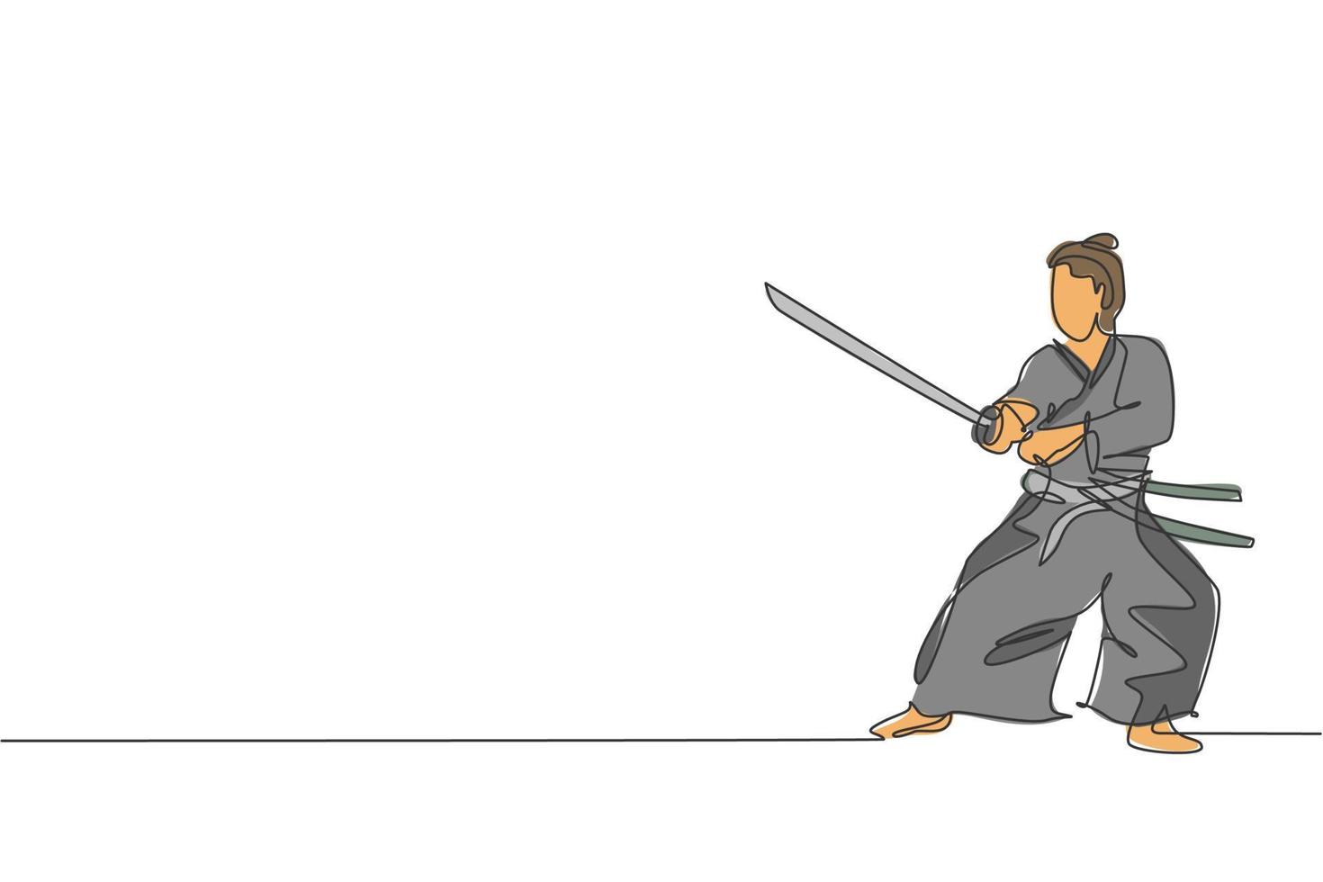 único desenho de linha contínua de jovem guerreiro samurai forte vestindo uniforme tradicional segurando a espada no festival. antigo conceito de soldado lutador. ilustração em vetor design de desenho de uma linha na moda