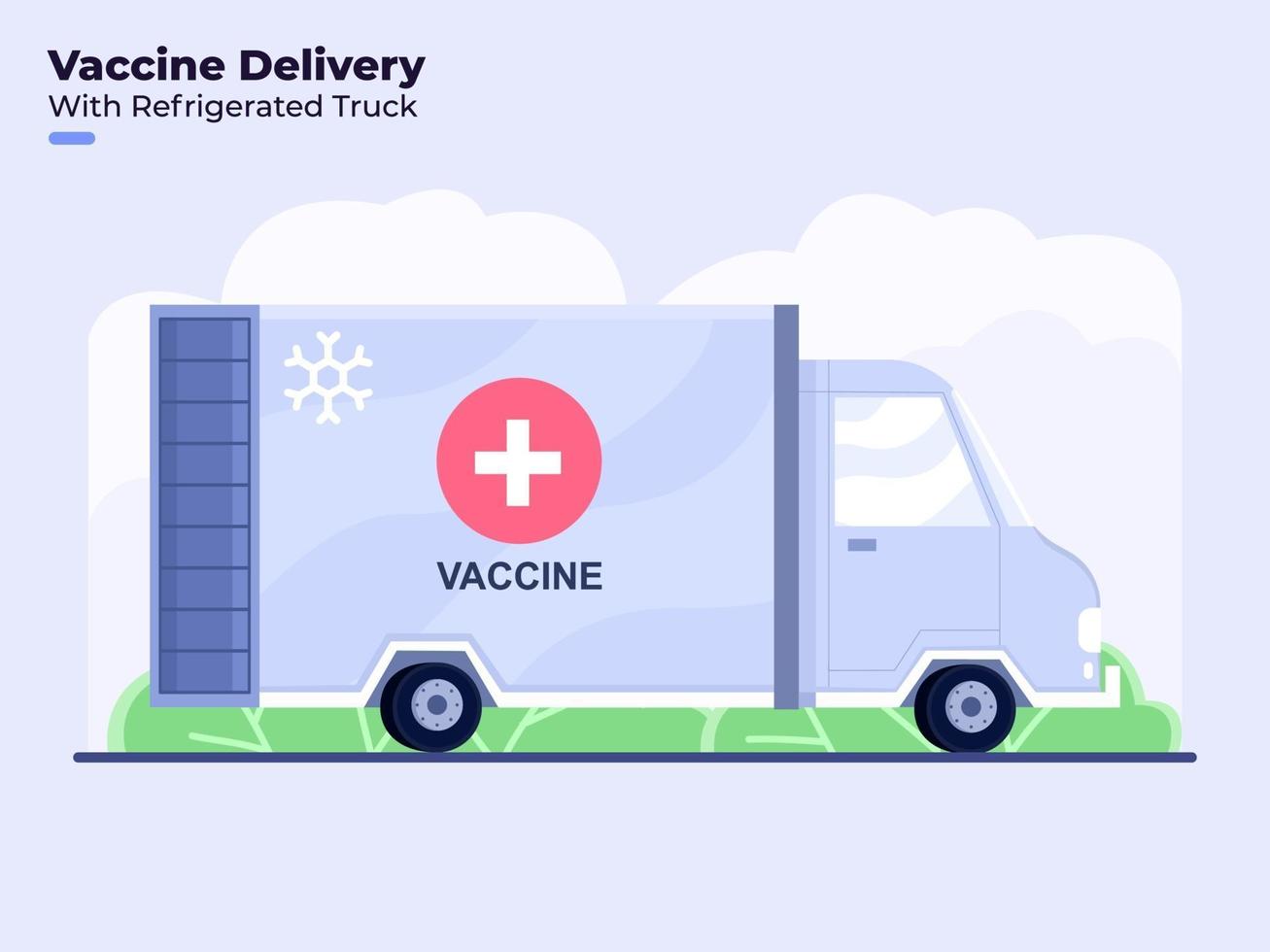 ilustração em estilo simples da aplicação ou distribuição da vacina contra o coronavírus covid-19 com caminhão refrigerado vetor