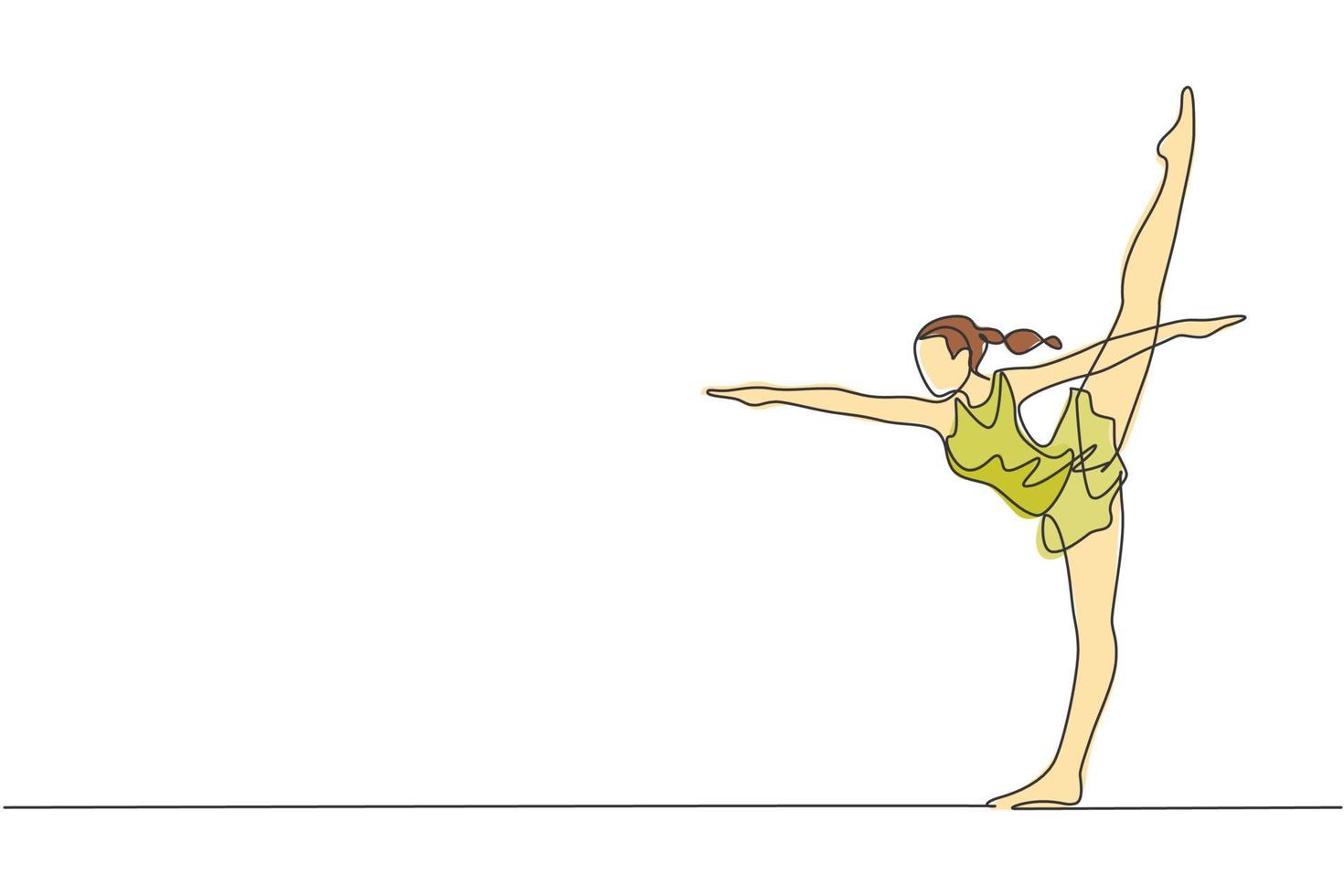 solteiro contínuo linha desenhando do jovem beleza profissional ginasta menina executar chão exercício. rítmico ginástica Treinamento e alongamento conceito. na moda 1 linha desenhar Projeto vetor ilustração