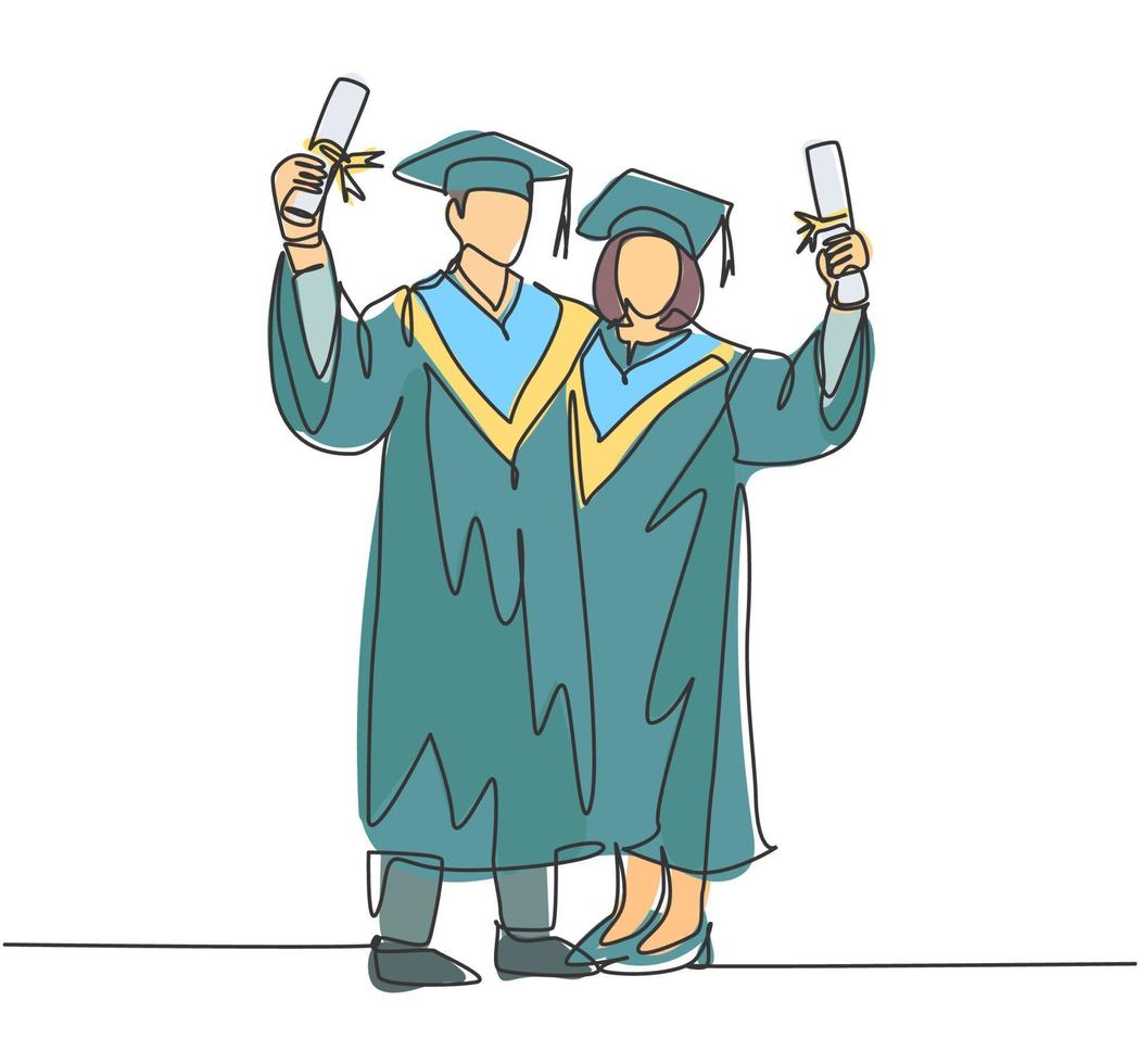 um desenho de linha contínua de um jovem casal feliz, estudante universitário, mostra sua lista de formatura para celebrar sua graduação. conceito de faculdade de educação. ilustração em vetor desenho desenho de linha única