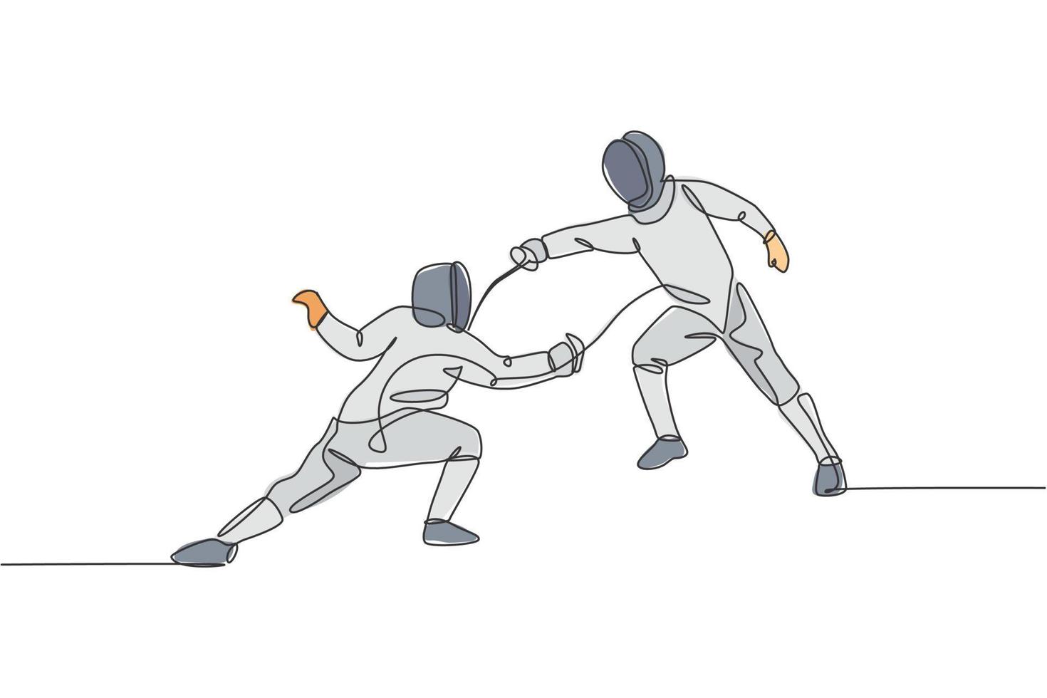 um desenho de linha contínua de dois jovens esgrima atleta pratica ação de luta na arena esportiva. fantasia de esgrima e segurando o conceito de espada. ilustração em vetor design de desenho de linha única dinâmica