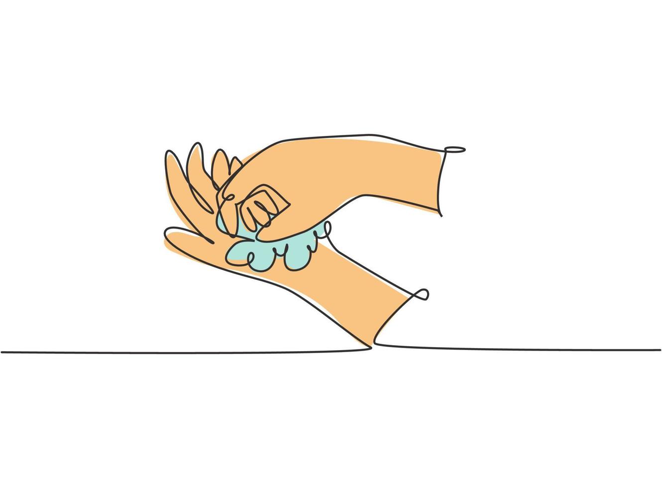 contínuo uma linha desenhando doze etapas lavagem das mãos esfregando as palmas das mãos com sabão até que estejam limpas de germes. higiene das mãos. ilustração gráfica do vetor do desenho do desenho de linha única.