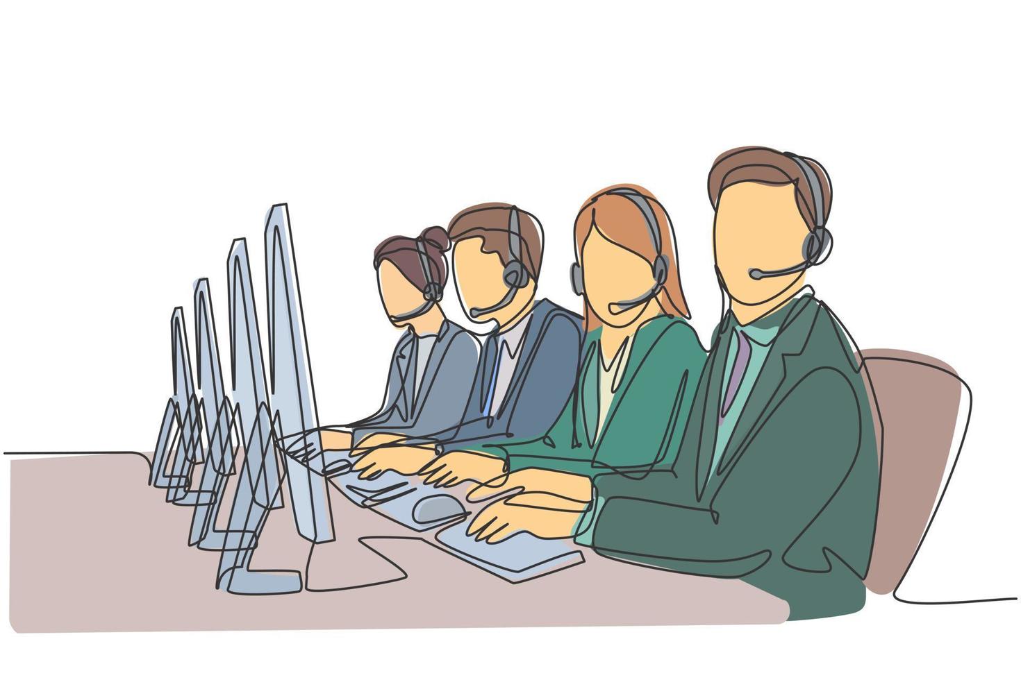 um único grupo de desenho de linhas de membros masculinos e femininos da equipe de atendimento ao cliente responde gentilmente a chamadas telefônicas de reclamação de clientes. ilustração em vetor design de desenho de linha contínua conceito de call center