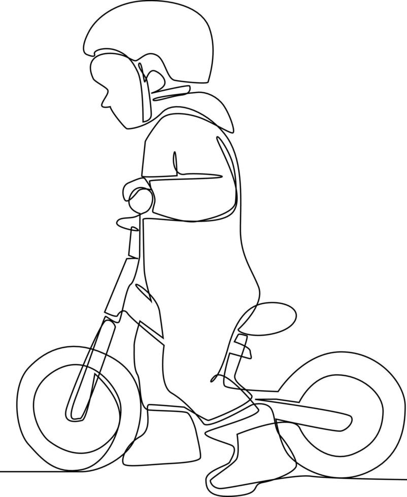 contínuo 1 linha desenhando feliz fofa pequeno criança Garoto equitação bicicleta. segurança passeio conceito. solteiro linha desenhar Projeto vetor gráfico ilustração.