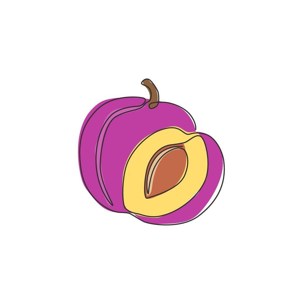 um desenho de linha contínua de ameixa orgânica saudável inteira e fatiada para a identidade do logotipo do pomar. conceito de fruta fresca para ícone de jardim de frutas. ilustração gráfica de vetor moderno desenho de linha única