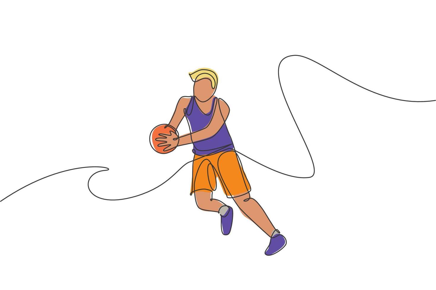 um único desenho de linha do jovem jogador masculino de basquete enérgico pega a ilustração vetorial de bola. conceito de competição esportiva. design moderno de desenho de linha contínua para cartaz de torneio de basquete vetor