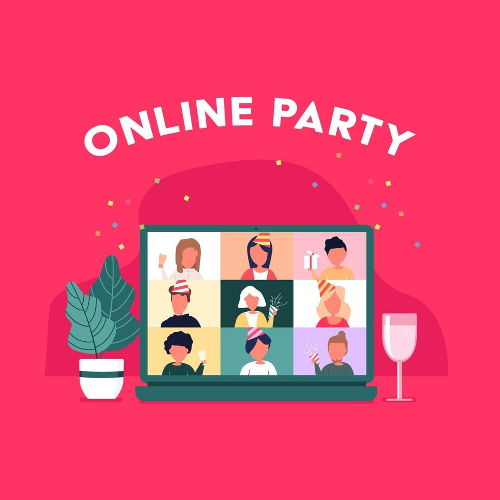 festa de casa. pessoas reunidas em videoconferência online em um computador no feriado de Natal festa online de natal. amigos felizes comemorando o ano novo no chat de vídeo. vetor