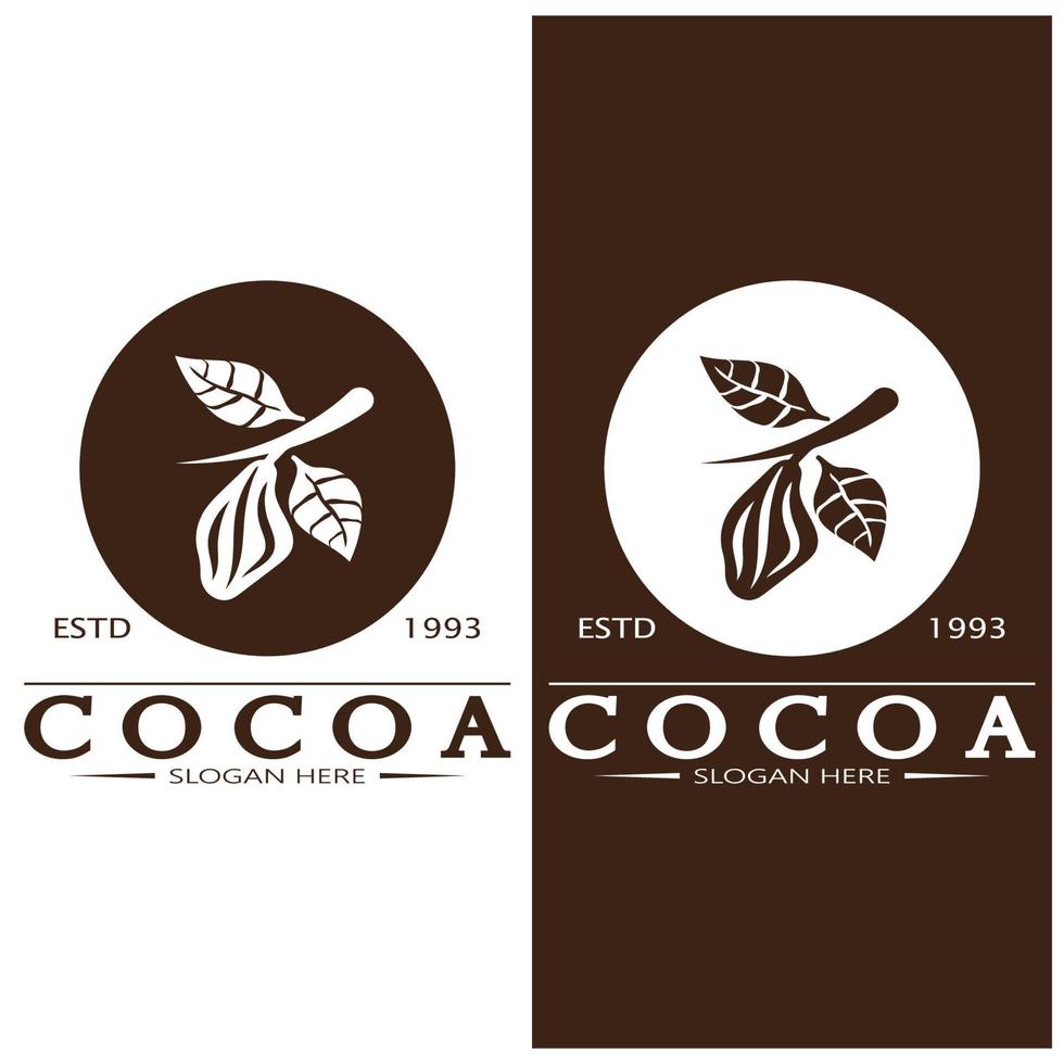 cacau logotipo, cacau feijão, cacau árvore, cacau galhos e folhas, chocolate misturar em branco plano de fundo, vintage, moderno, simples, minimalista ícone ilustração modelo Projeto vetor