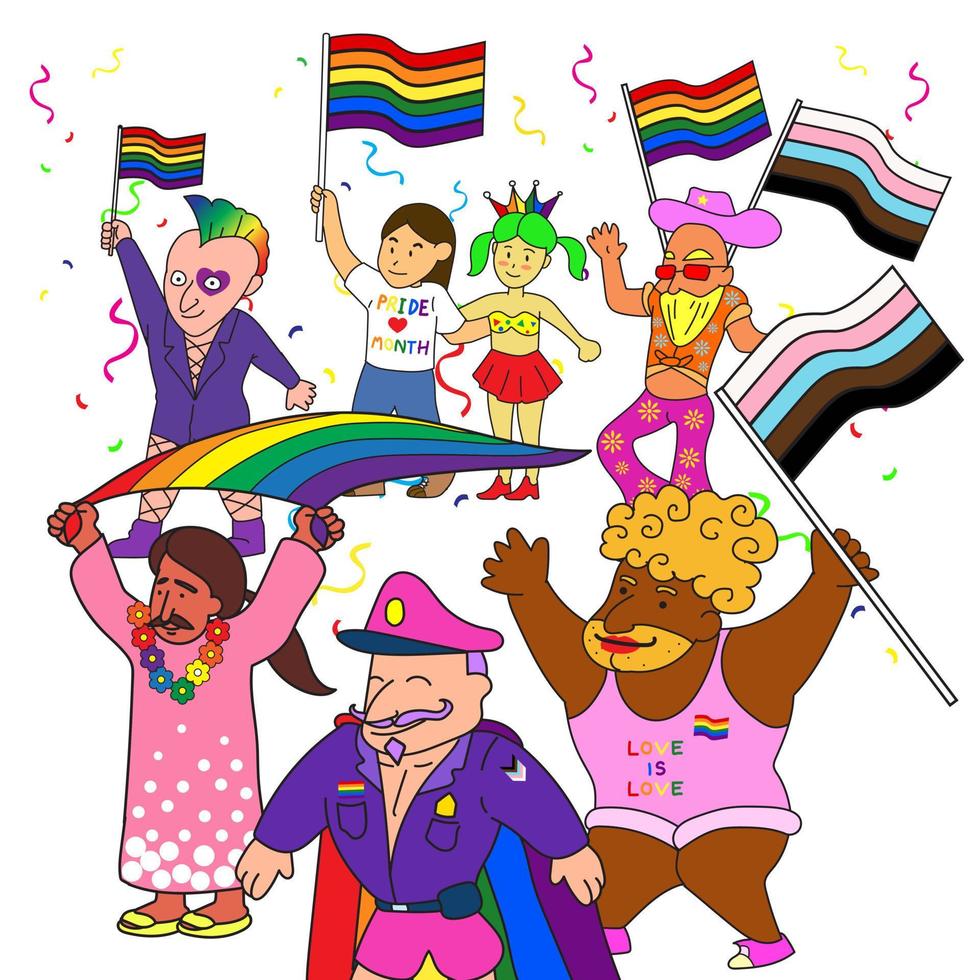 lgbt comunidade. bandeira com uma grupo do pessoas participando dentro uma orgulho parada. rabisco vetor fundo com gay, lésbica, transgênero, e bissexual.