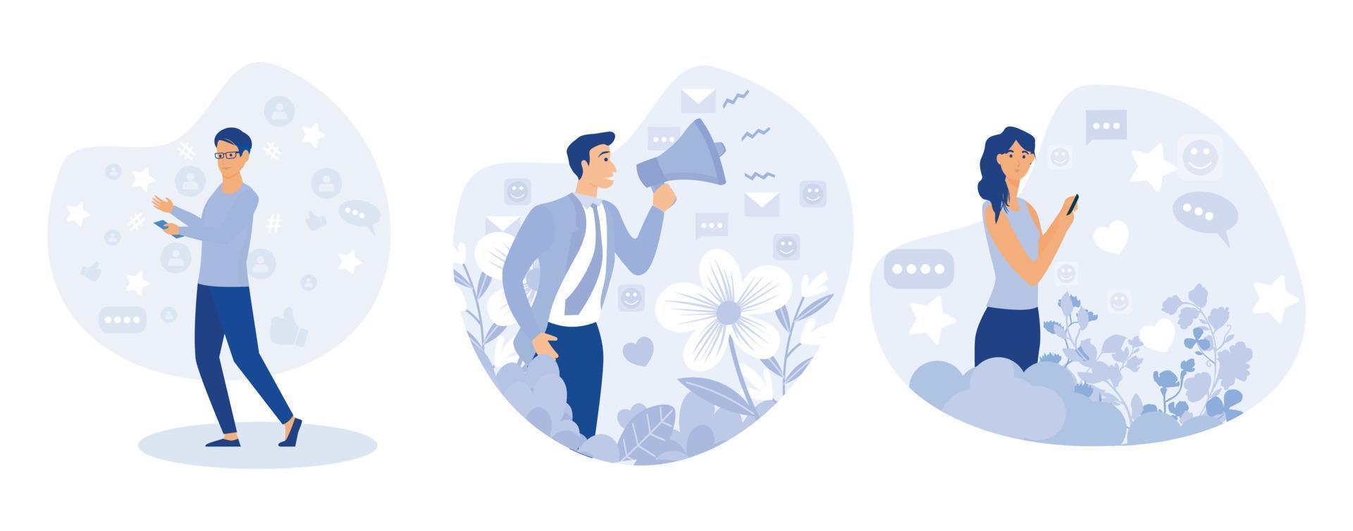 homem segurando uma handphone abertura social mídia.promoção, anúncio, anúncio conceito. social meios de comunicação icons.set plano vetor ilustração