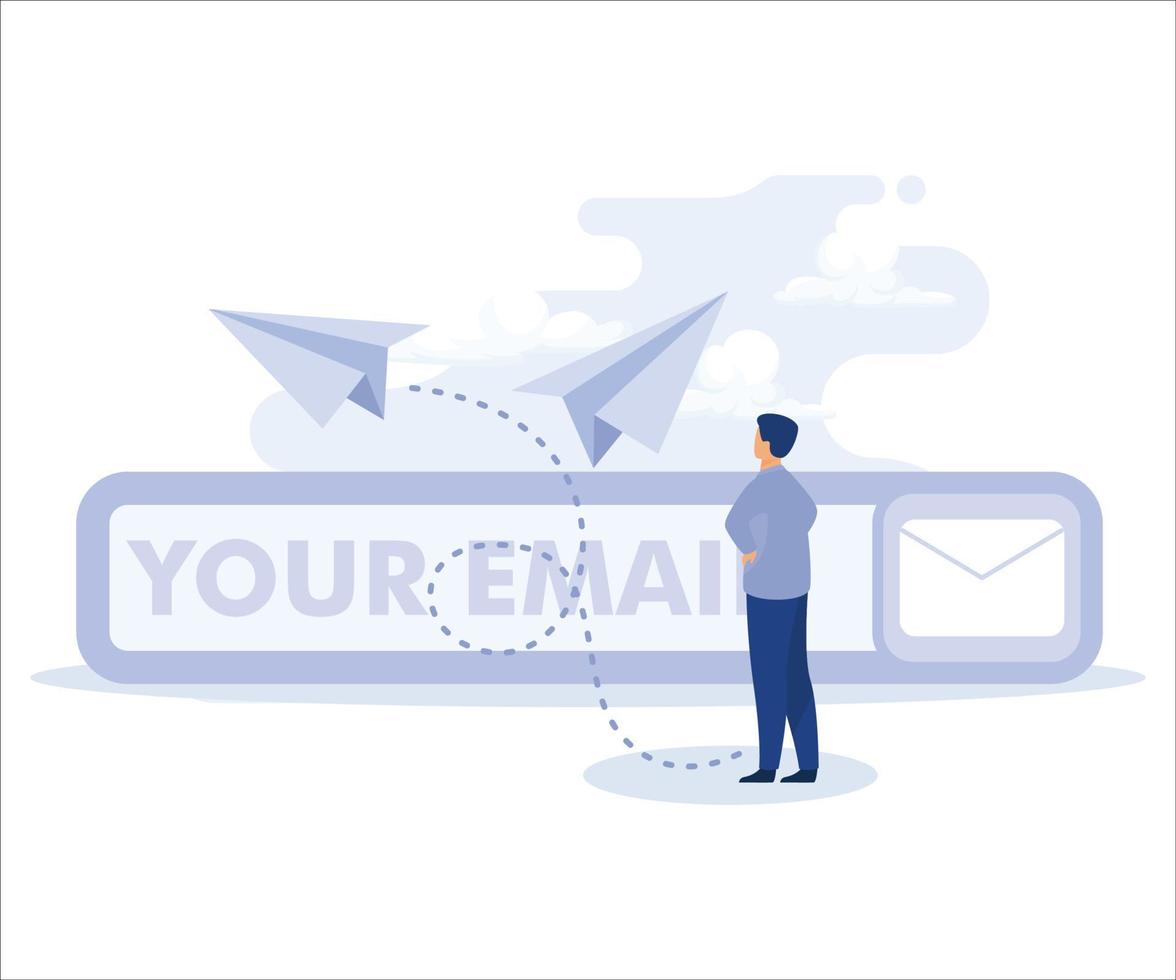 o email inscrição para mandar Boletim de Notícias para promoção e produtos atualizar, homem de negocios lançamento origami papel avião em o email se inscrever Formato em website.flat vetor moderno ilustração