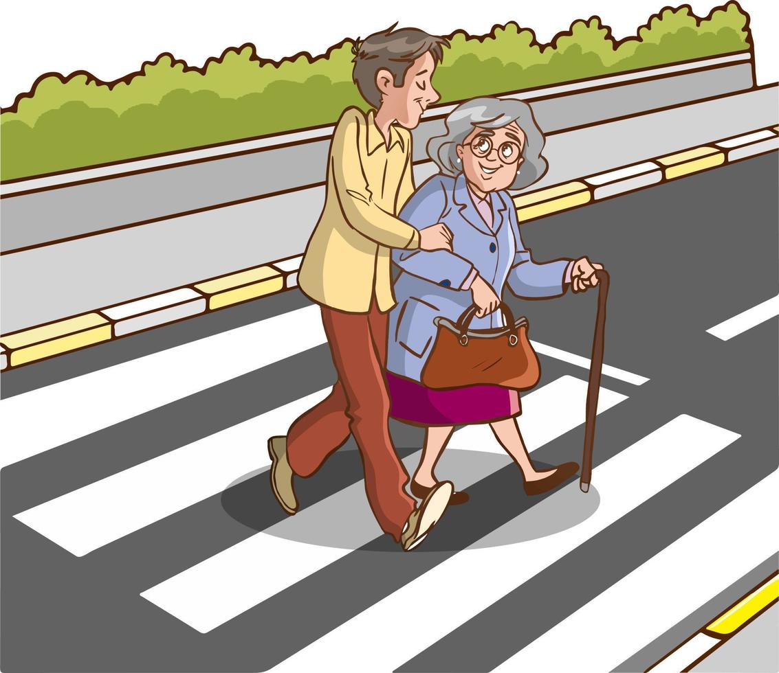 jovem homem ajudando velho mulher desenho animado vetor