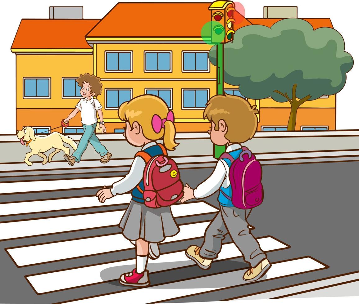 aluna crianças cruzando pedestre cruzando indo para escola vetor