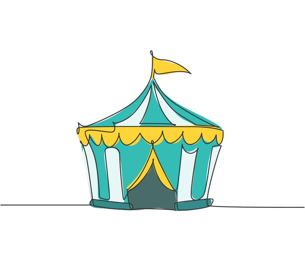 desenho simples de uma linha de tenda de circo em forma de pentágono com listras e uma bandeira no topo. onde palhaços, mágicos, animais atuam. linha contínua desenhar design gráfico ilustração vetorial. vetor