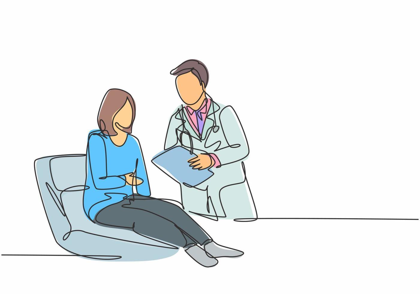 um desenho de linha contínua de um médico falando sobre um relatório médico para uma paciente deitada na cama. conceito de serviço de saúde hospitalar moderno, linha única, desenho, vetorial, ilustração vetor