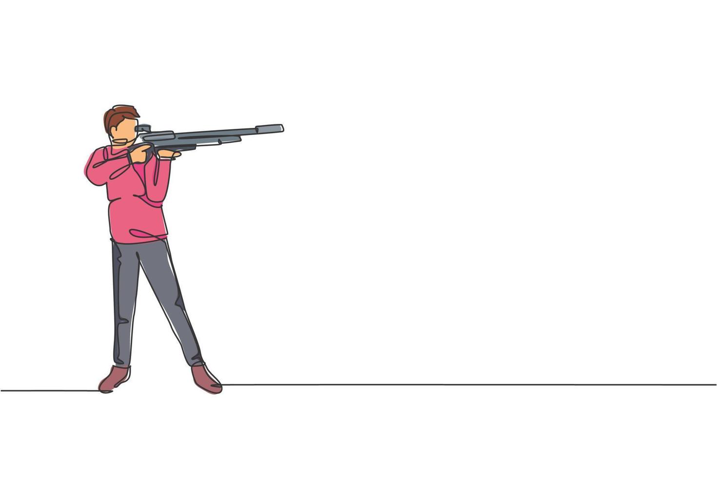 um desenho de linha contínua de jovem na prática de treinamento de tiro para competição com revólver de pistola. conceito de esporte de tiro ao ar livre. ilustração em vetor design de desenho de linha única dinâmica