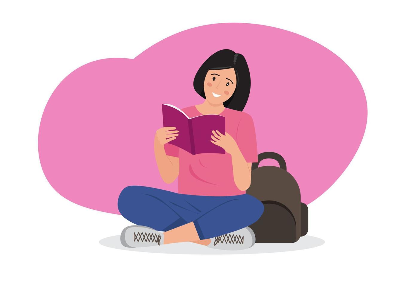 fêmea aluna interessado dentro lendo aberto livro dentro mão isolado plano vetor ilustração.