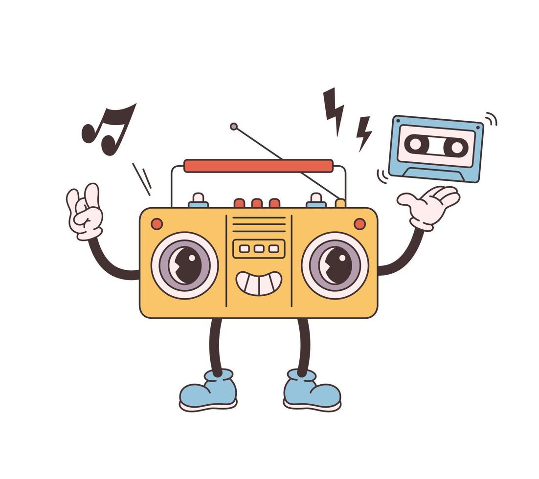 na moda retro desenho animado rádio personagem. cassete jogador. groovy estilo, vintage, anos 80, anos 90 estética vetor