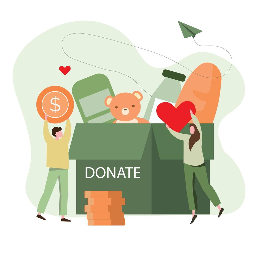 doação do Comida e roupas. vetor plano ilustração. a conceito do social assistência e caridade. voluntários coletar doações dentro caixas.