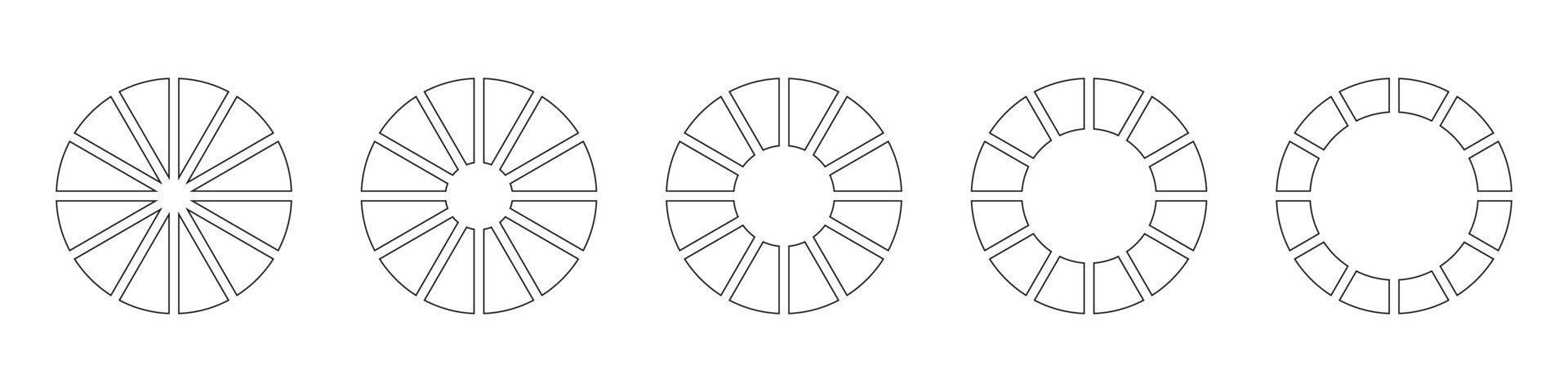 rodas volta dividido dentro doze Seções. diagramas infográfico definir. círculo seção gráfico linha arte. torta gráfico ícones. esboço rosquinha gráficos ou tortas segmentado em 12 igual peças. geométrico elemento. vetor