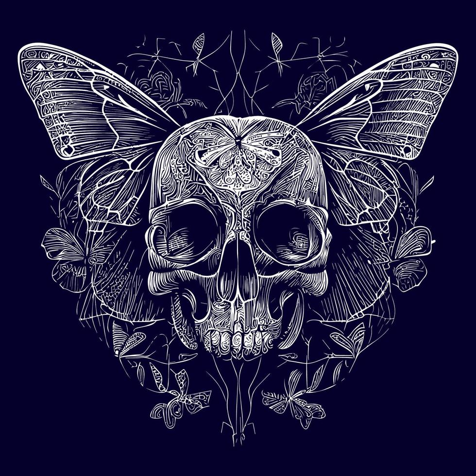 uma crânio com delicado borboleta asas representando transformação e a fugaz natureza do vida. uma fusão do beleza e morte vetor