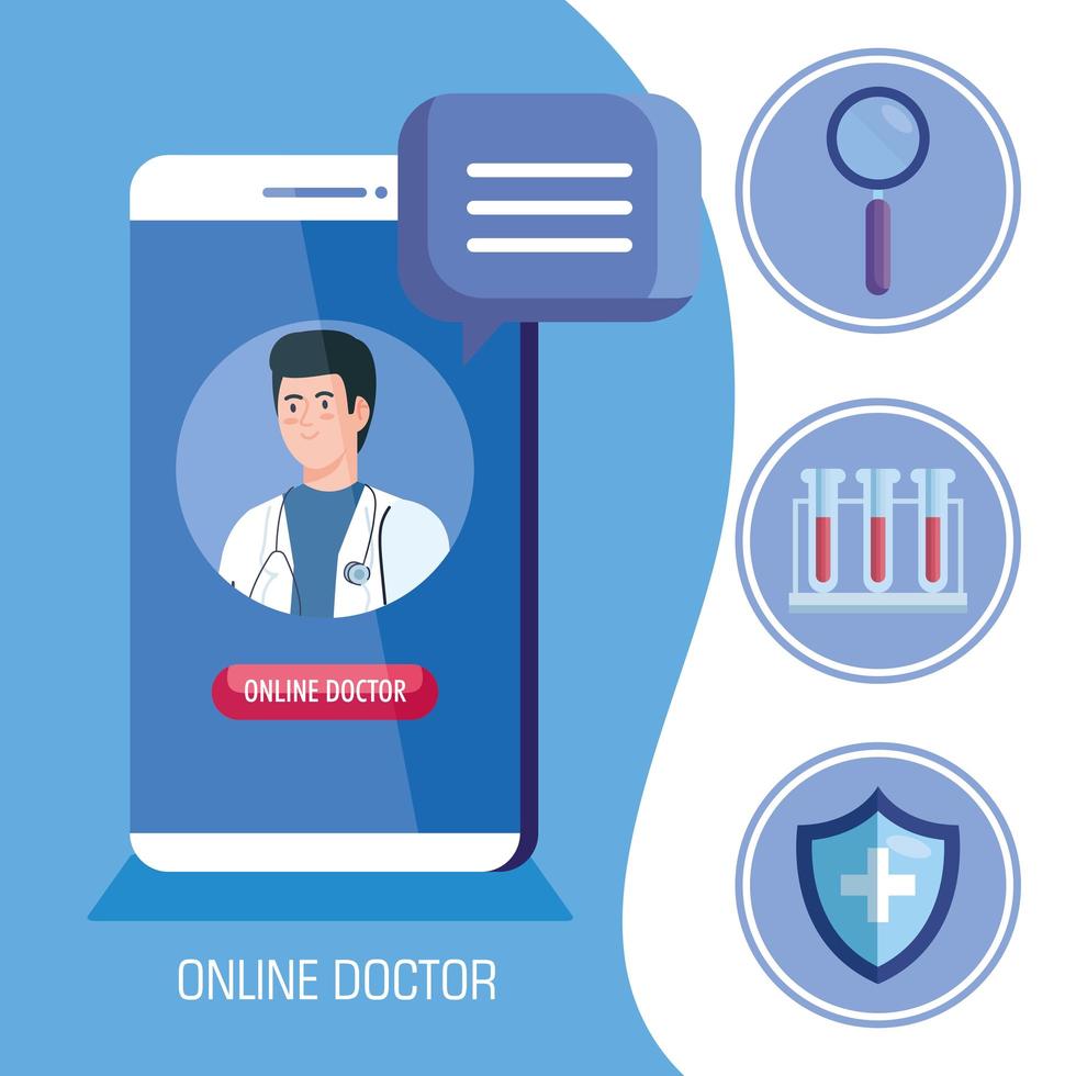 médico no smartphone, conceito de medicina online com ícones médicos vetor