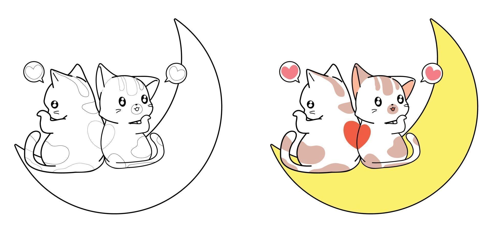 gatos bonitos estão amando a página para colorir dos desenhos animados da lua vetor