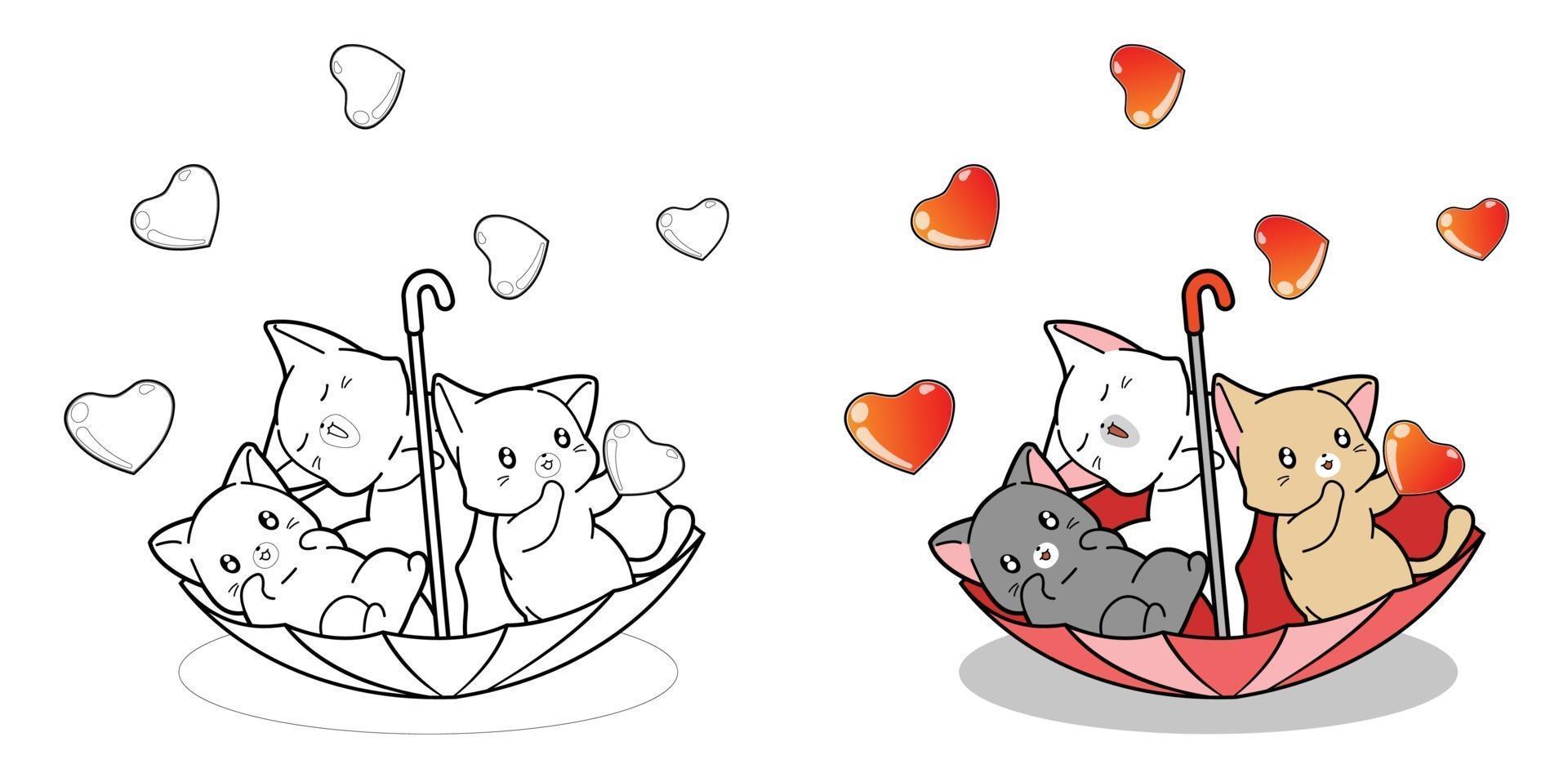 página para colorir de gatos bonitos em guarda-chuva com chuva de amor vetor