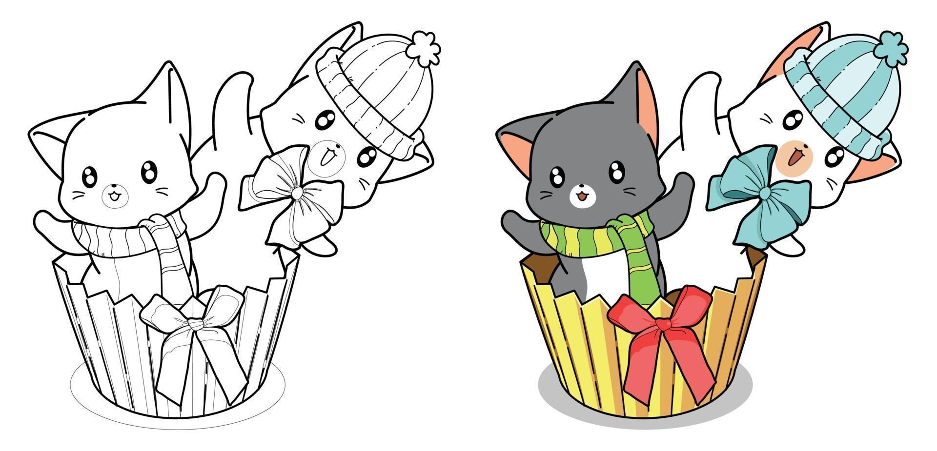 2 gatos fofos na página para colorir de desenho animado de cupcake vetor