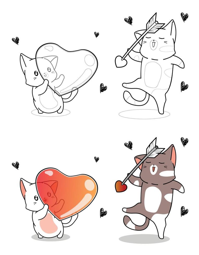 os gatos Kawaii estão segurando um desenho de coração e flecha para colorir facilmente vetor