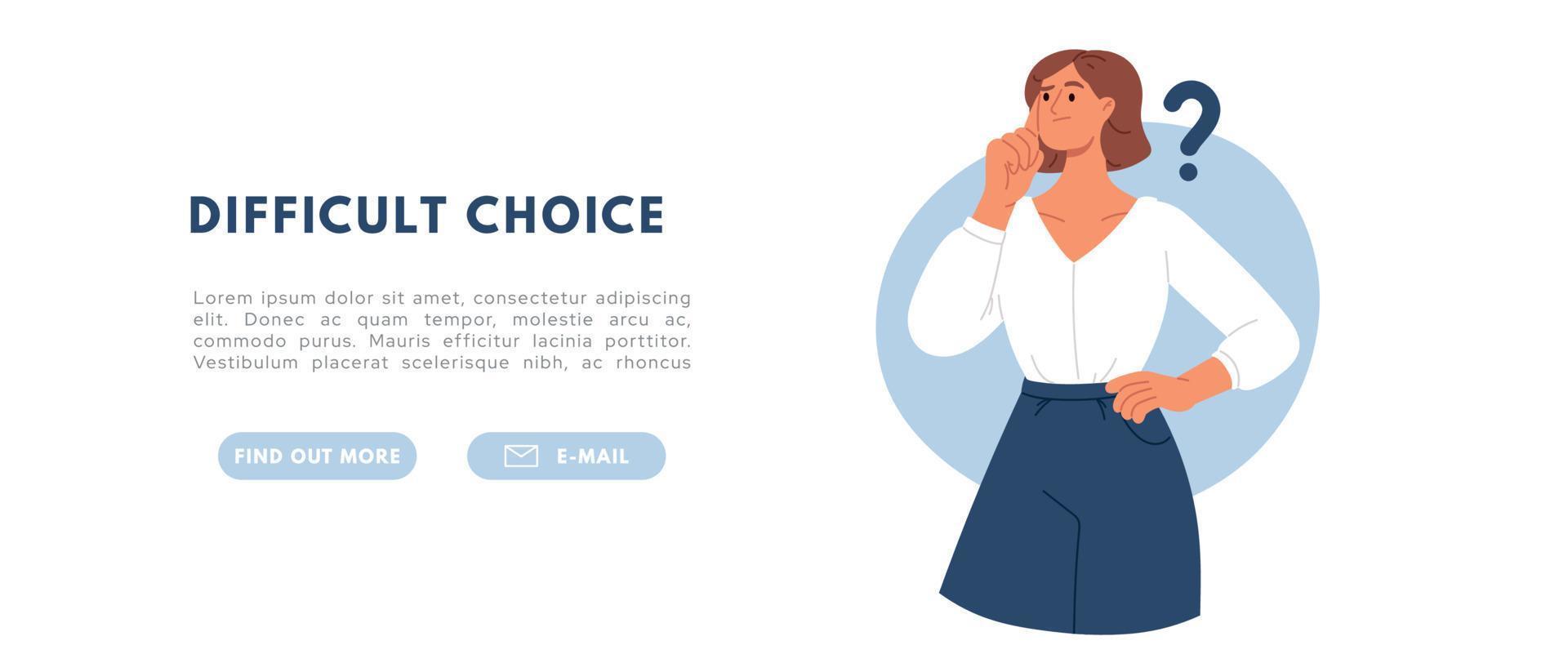 mulher pensando sobre pergunta. dilema problema conceito. plano vetor ilustração