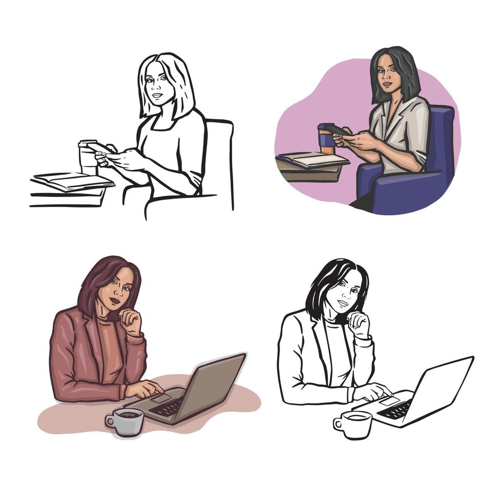 conjunto do controlo remoto trabalhos conectados freelance escritório mulheres local na rede Internet vetor ilustrações