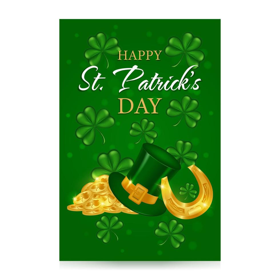 feliz st. patricks dia modelo. festivo Projeto para cumprimento cartão, folheto, poster, bandeira. ouro trevo, ferradura, duende chapéu, caldeirão com ouro moedas. vetor ilustração.