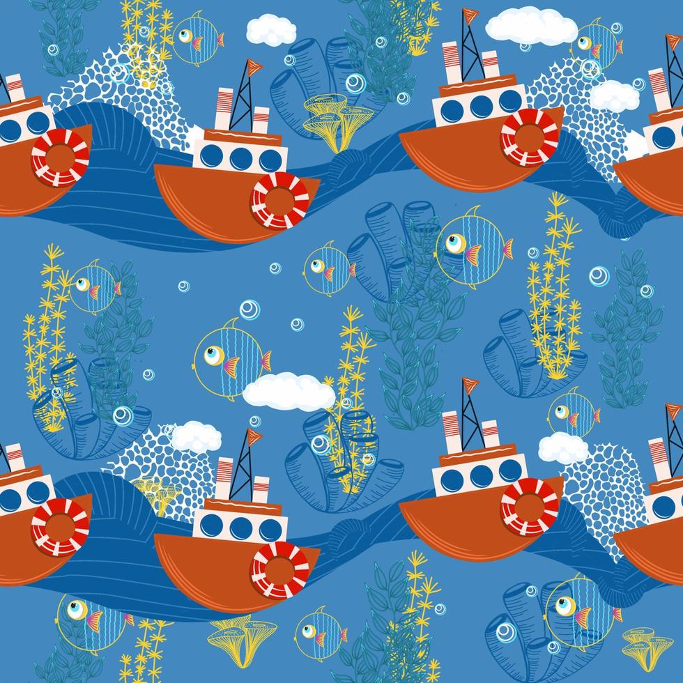 desatado padronizar fofa infantil. desatado fundo com barcos. para moda tecidos, bebê roupas, Camisetas, cartões, modelos e scrapbooking. crianças desenhando estilo. mar vida padronizar. azul cor. vetor