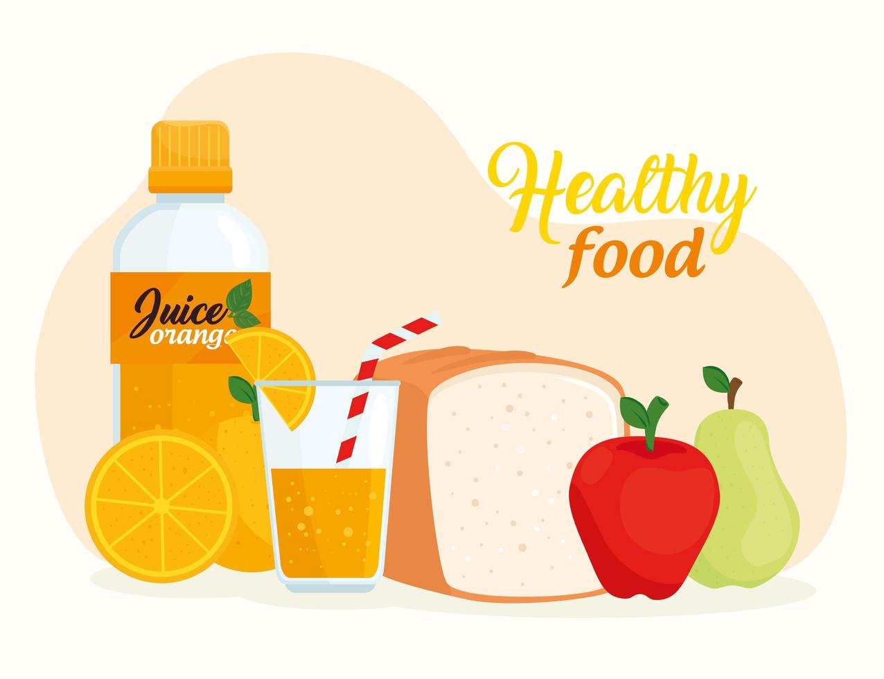 conceito de alimentação saudável com frutas, pão e suco vetor