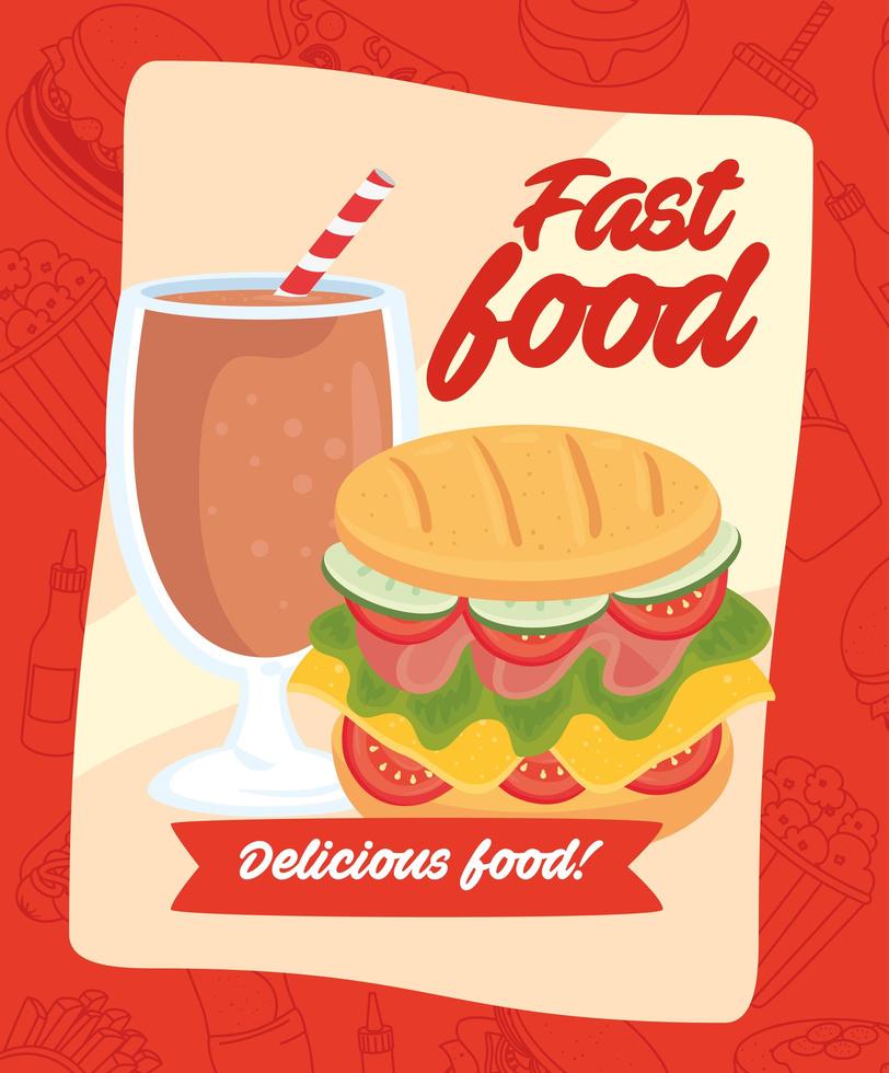 pôster de fast food com hambúrguer e bebida deliciosa vetor