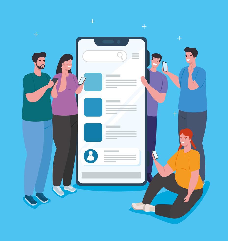 conceito de mídia social com pessoas conversando via smartphone vetor