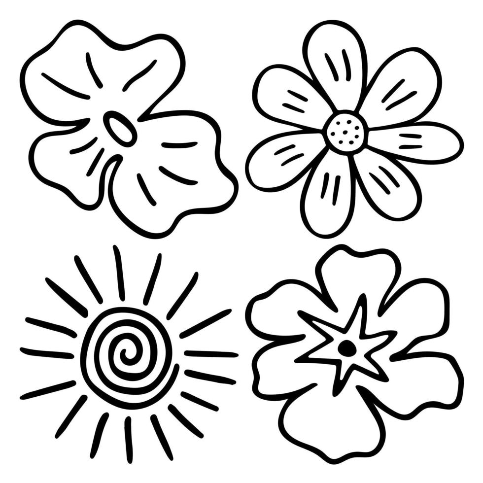 esboço doodle flores de contorno. desenho desenhado à mão de botões de plantas durante a floração. silhuetas de pétalas. vetor isolado.