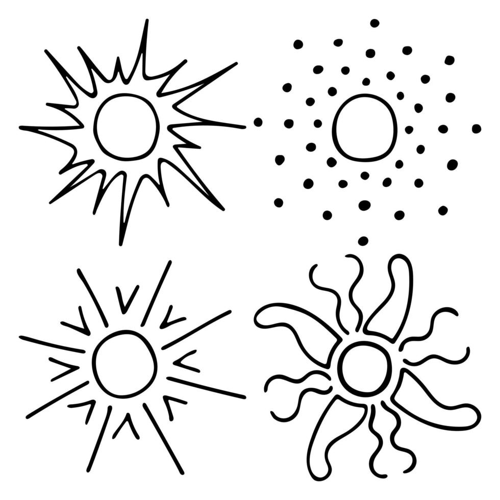 doodle contornos do sol. desenho vetorial de raios solares. variedade de raios solares vetor