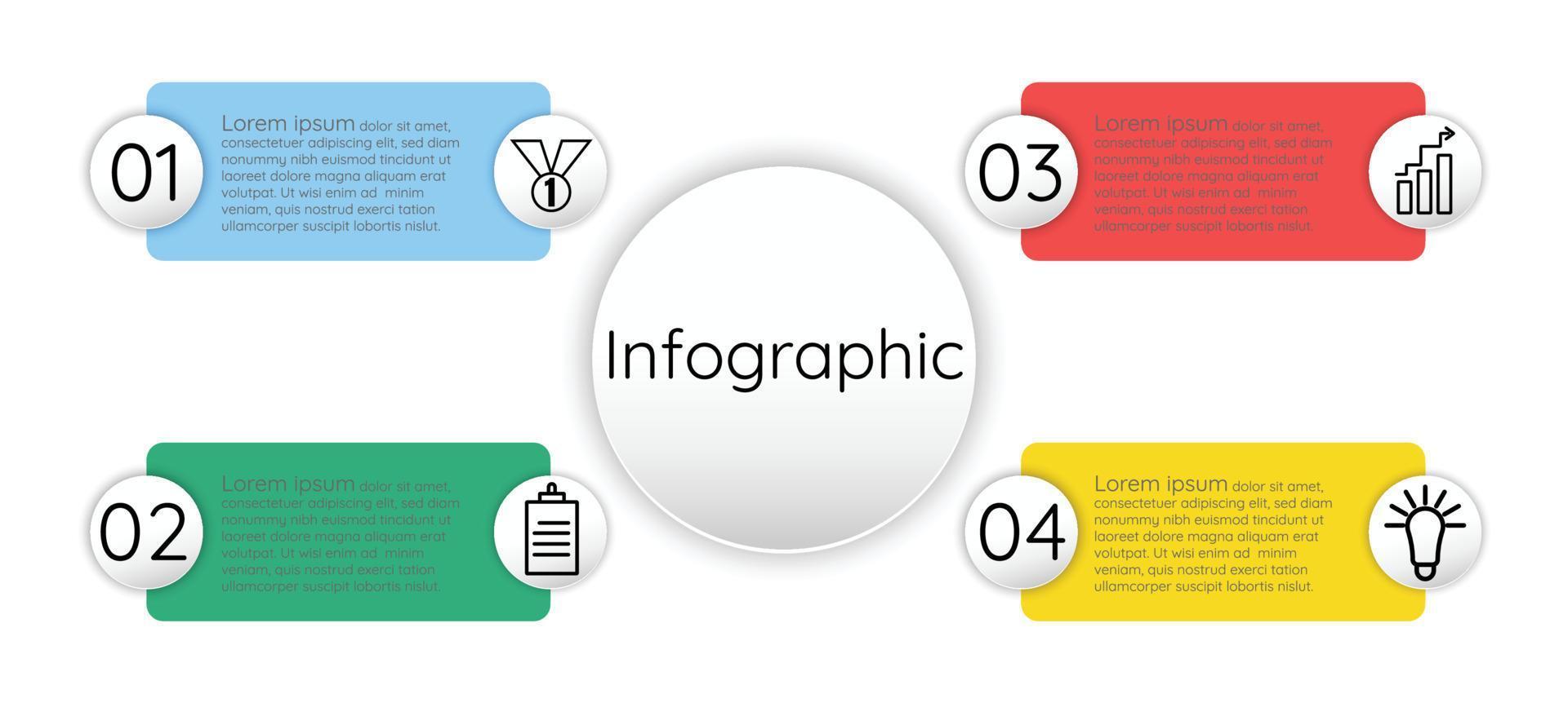 modelo de infográfico para apresentação de informações de negócios. círculos vetoriais e elementos geométricos. diagramas de fluxo de trabalho modernos. plano de relatório 4 tópicos vetor