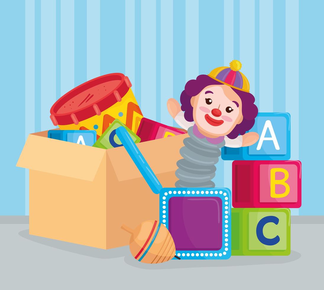 cubos de alfabeto e brinquedos infantis em uma caixa vetor