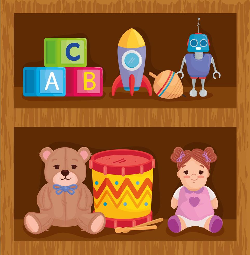 brinquedos infantis em prateleiras de madeira vetor