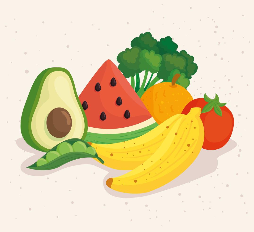 comida saudável, frutas e vegetais frescos vetor