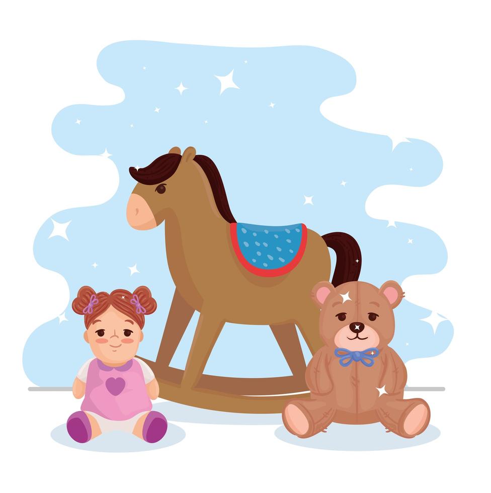 brinquedos infantis, cavalo de balanço de madeira com ursinho de pelúcia e boneca fofa vetor