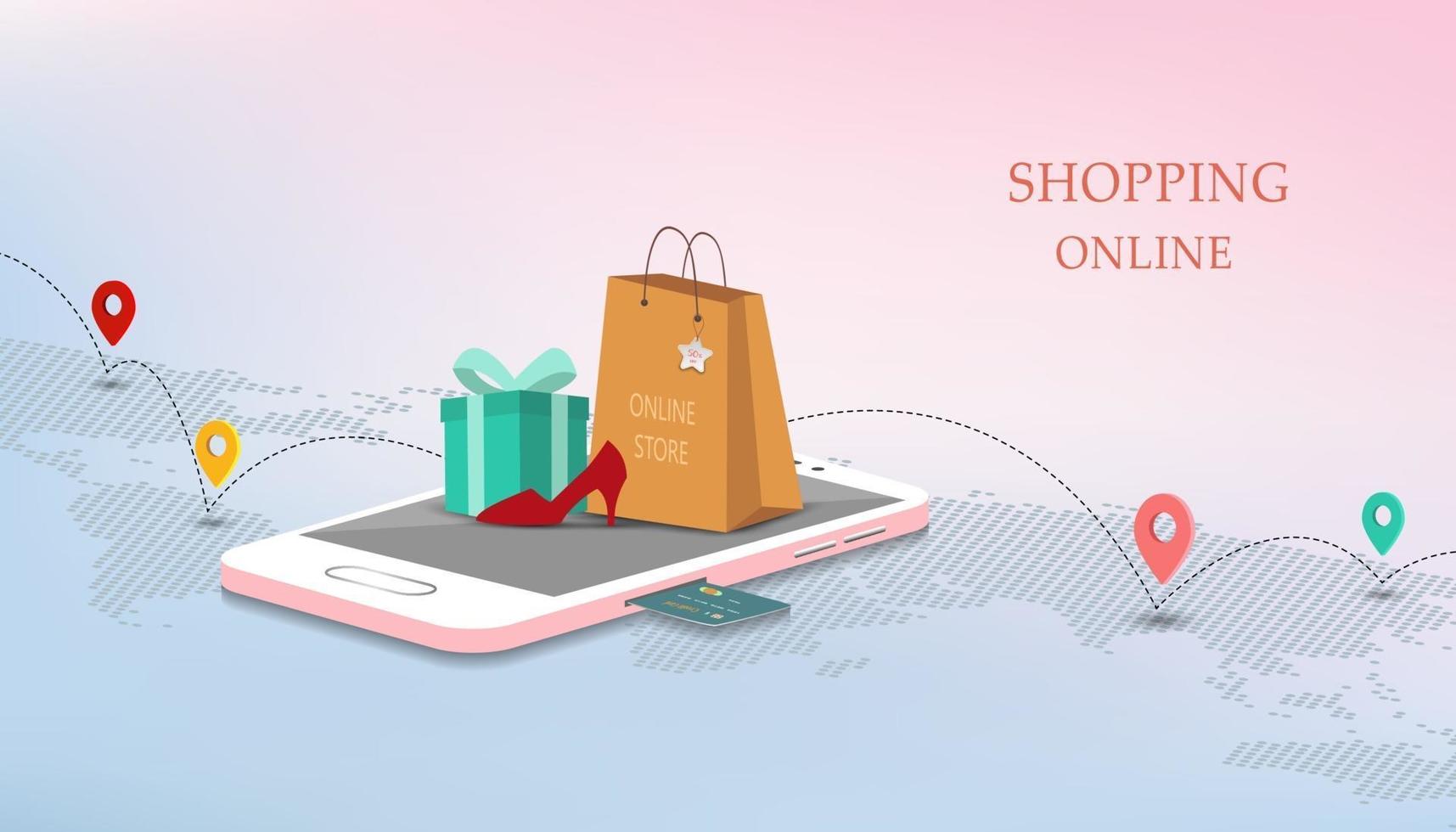mobile shopping online com cartão de crédito, marketing e conceito digital em estilo isométrico vetor