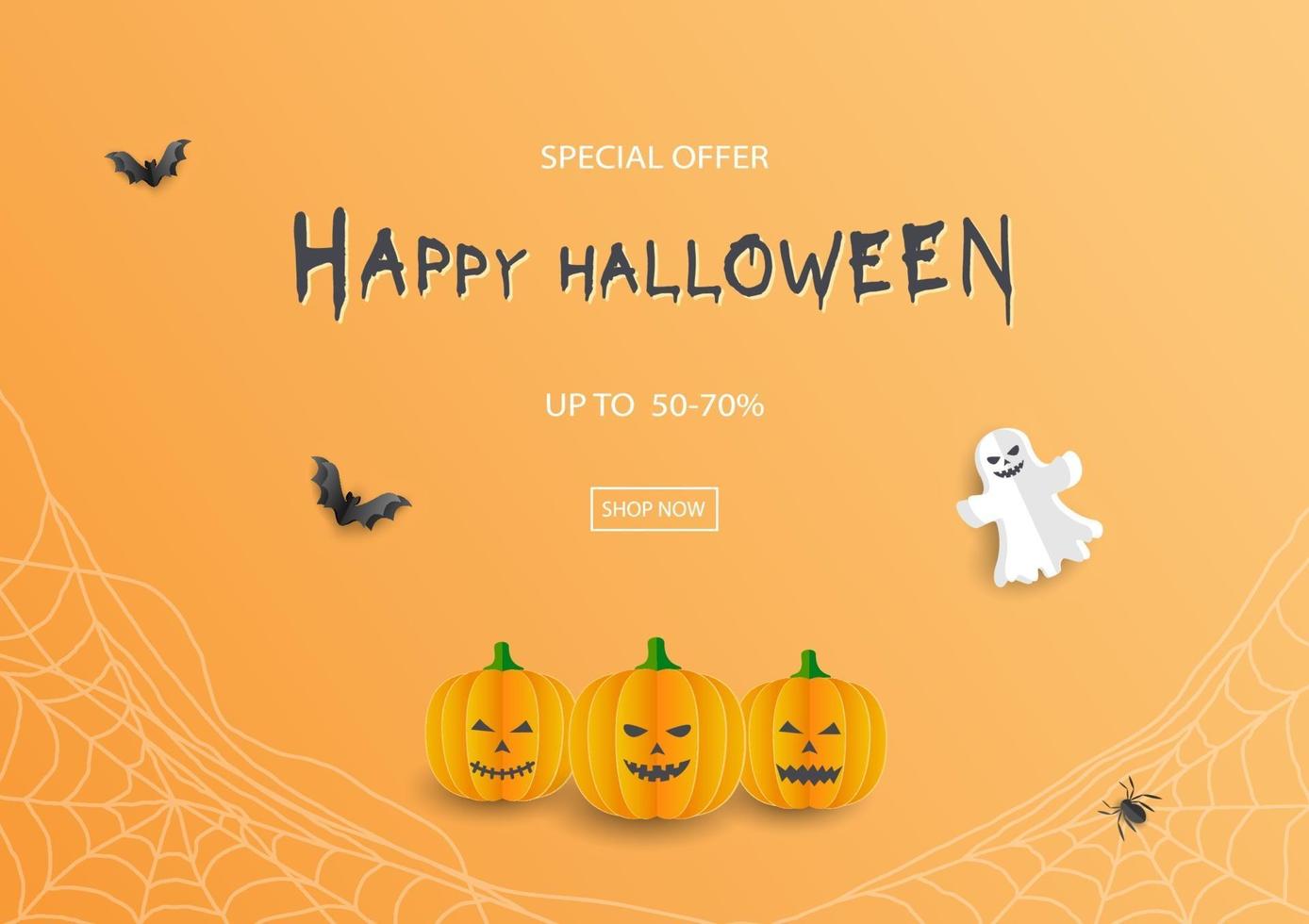 banner de venda de halloween com oferta de desconto em fundo laranja vetor