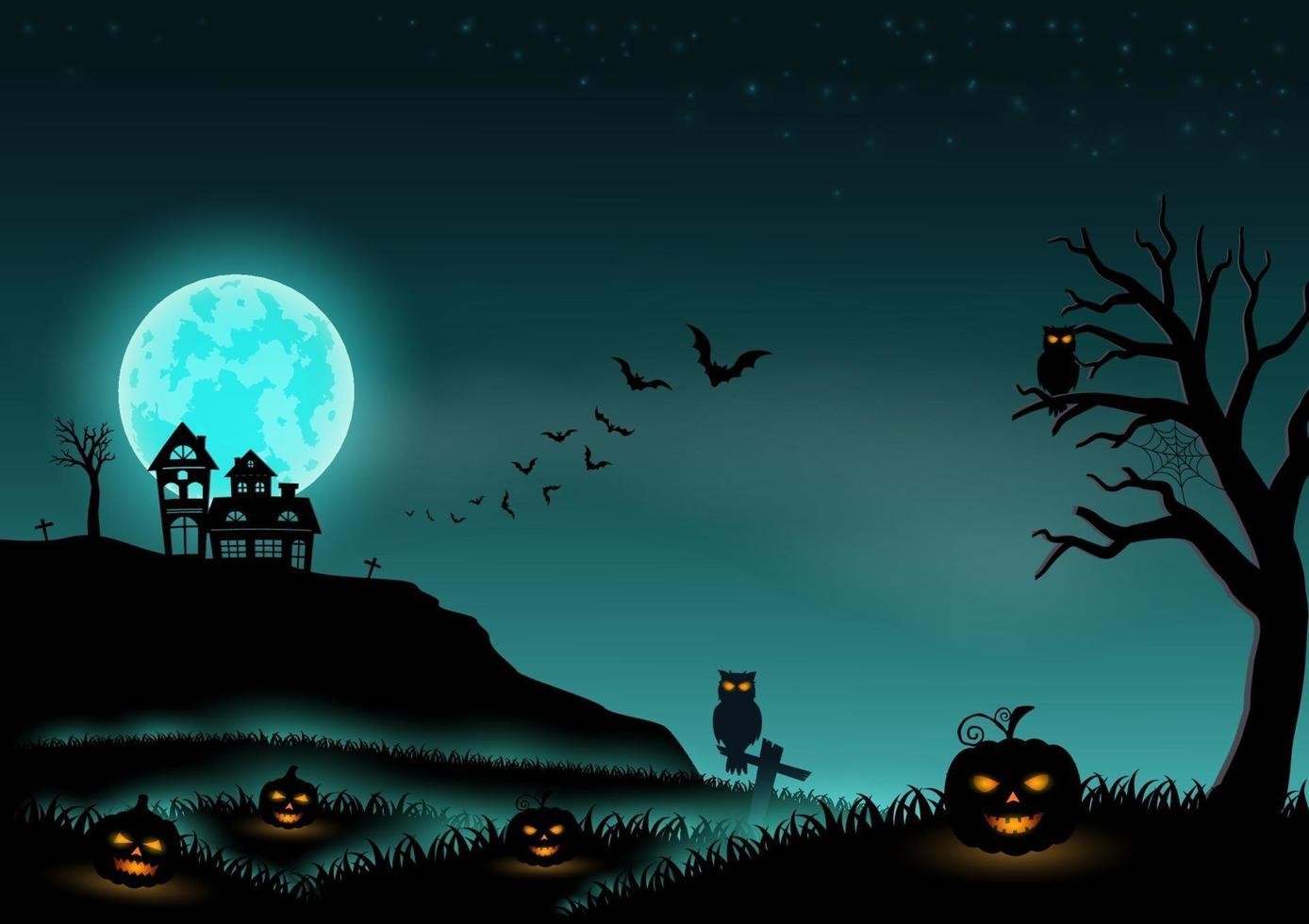 paisagem de fundo da noite de halloween com estrelas, lua, abóboras e castelo vetor
